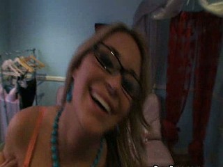 Cute cutie in glasses gets cum in face.