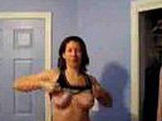 Mature housewife strips off her bloomers upstairs webcam, still got good tits and fingers her well pounded cunt.